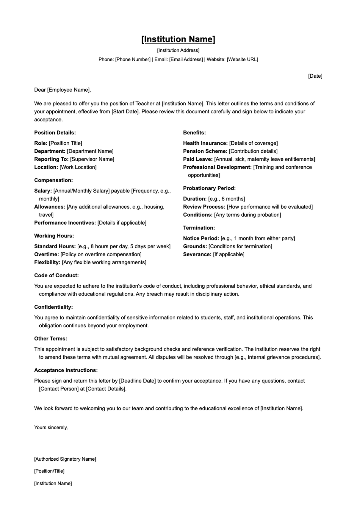 Teacher appointment letter template with placeholder fields_variant_3